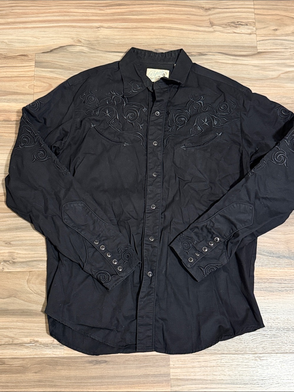 Vtg 90s Roper Mens L Western Shirt Cowboy Rodeo Black Embroidered Pearl Snap